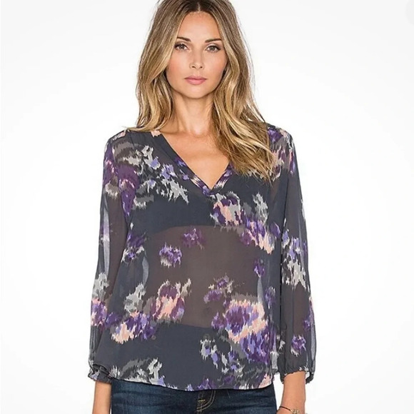Joie Axcel Silk Blouse Top XS Charcoal Purple Pink Sheer Floral Spring Smocked - Picture 9 of 9